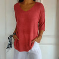 Relaxed Elegant Casual Top for Women, V-Neck Three-Quarter Sleeves, Lightweight Business Casual Shirt to Wear with Jeans