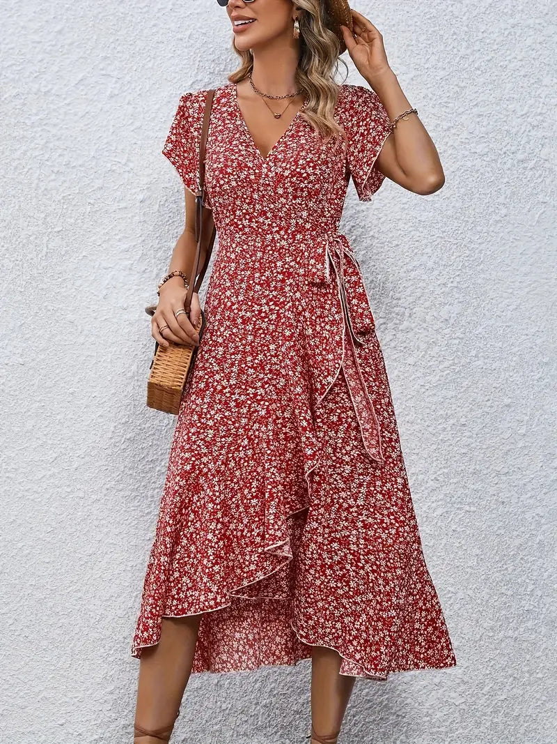 Elegant Womens Dress with Flutter Sleeves and Wrap Detail - Perfect for Wedding Guests and Summer Events