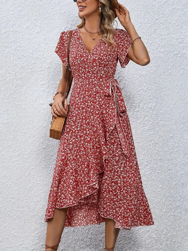 Elegant Womens Dress with Flutter Sleeves and Wrap Detail - Perfect for Wedding Guests and Summer Events