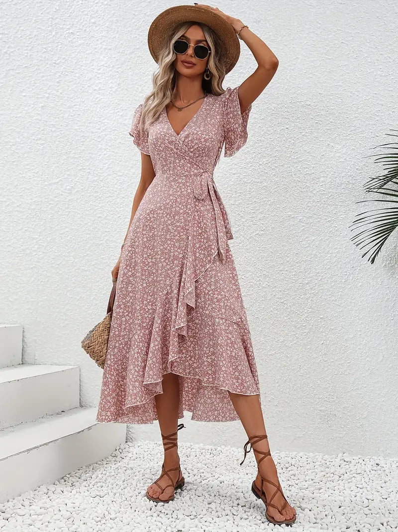 Elegant Womens Dress with Flutter Sleeves and Wrap Detail - Perfect for Wedding Guests and Summer Events