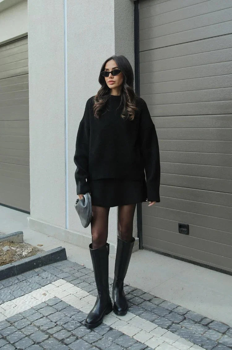 Soft Flattering Women’s Jumper Skirt Set - Pullover Crewneck, Knit High-Waist A-Line Mini Skirt For Fall