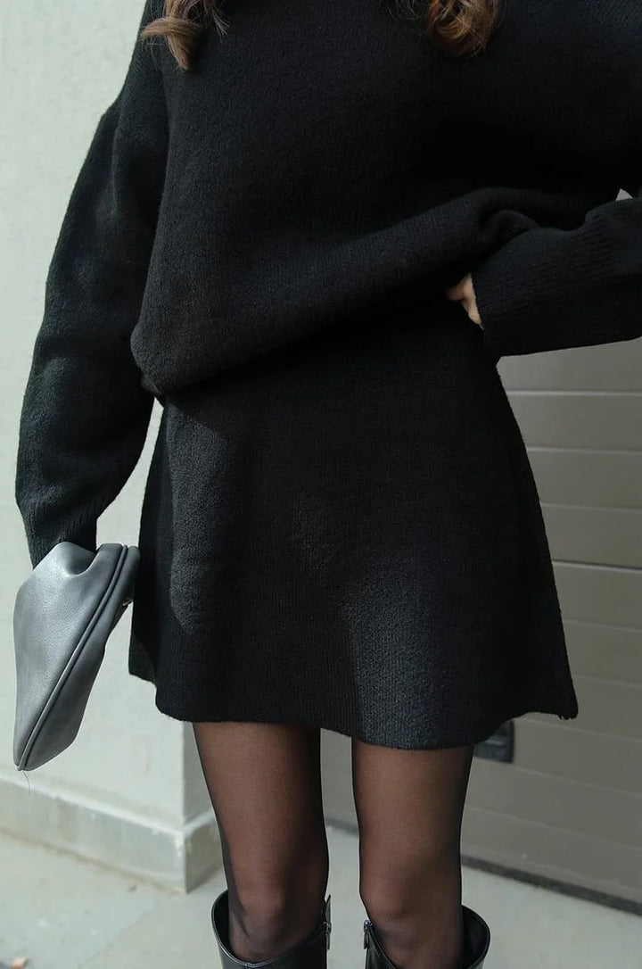 Soft Flattering Women’s Jumper Skirt Set - Pullover Crewneck, Knit High-Waist A-Line Mini Skirt For Fall