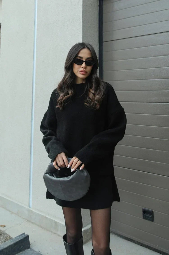 Soft Flattering Women’s Jumper Skirt Set - Pullover Crewneck, Knit High-Waist A-Line Mini Skirt For Fall