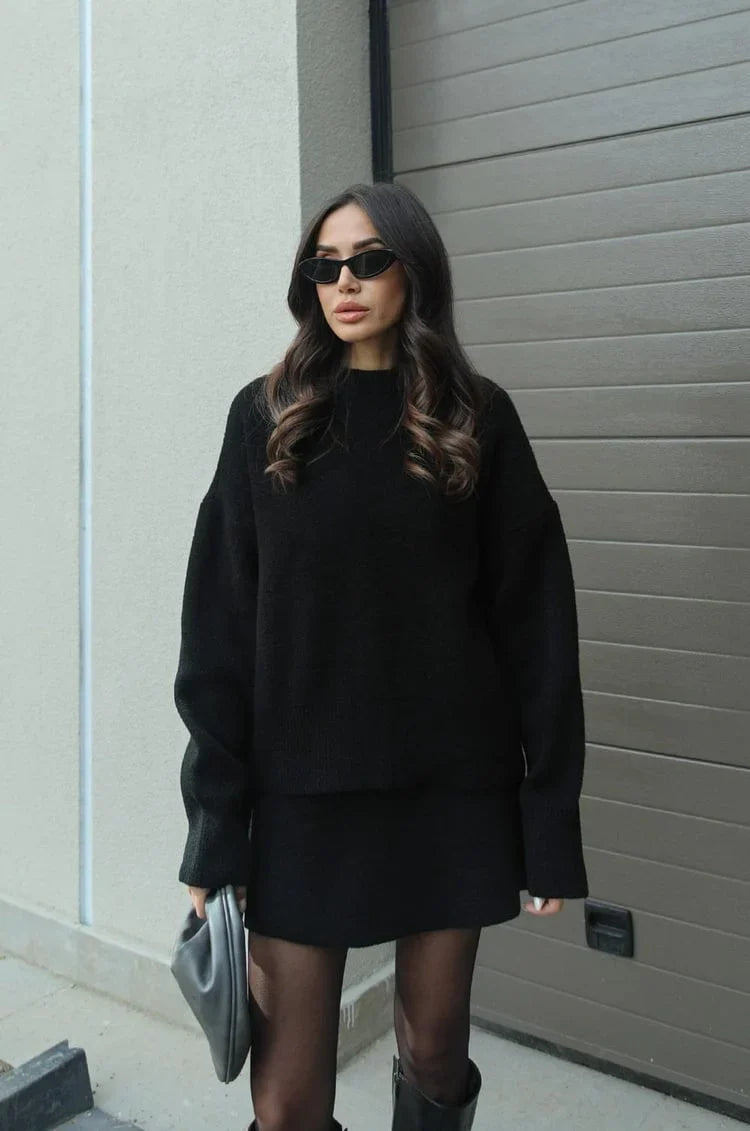 Soft Flattering Women’s Jumper Skirt Set - Pullover Crewneck, Knit High-Waist A-Line Mini Skirt For Fall